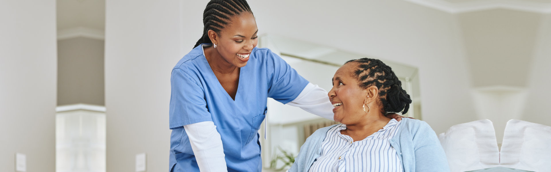 Nurse woman, senior patient and talking for support